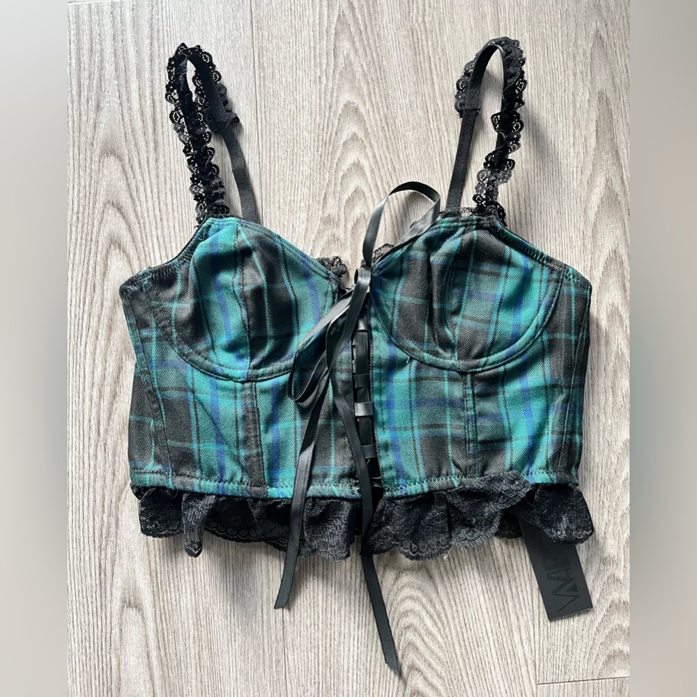 NWT Dolls Kill WIDOW Teal Charm School Girl Dropout Plaid Corset Green Y2K XS/S